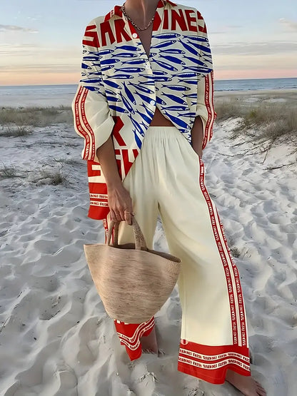 Coastal Sardine Print Shirt & Pants Two-Piece Set