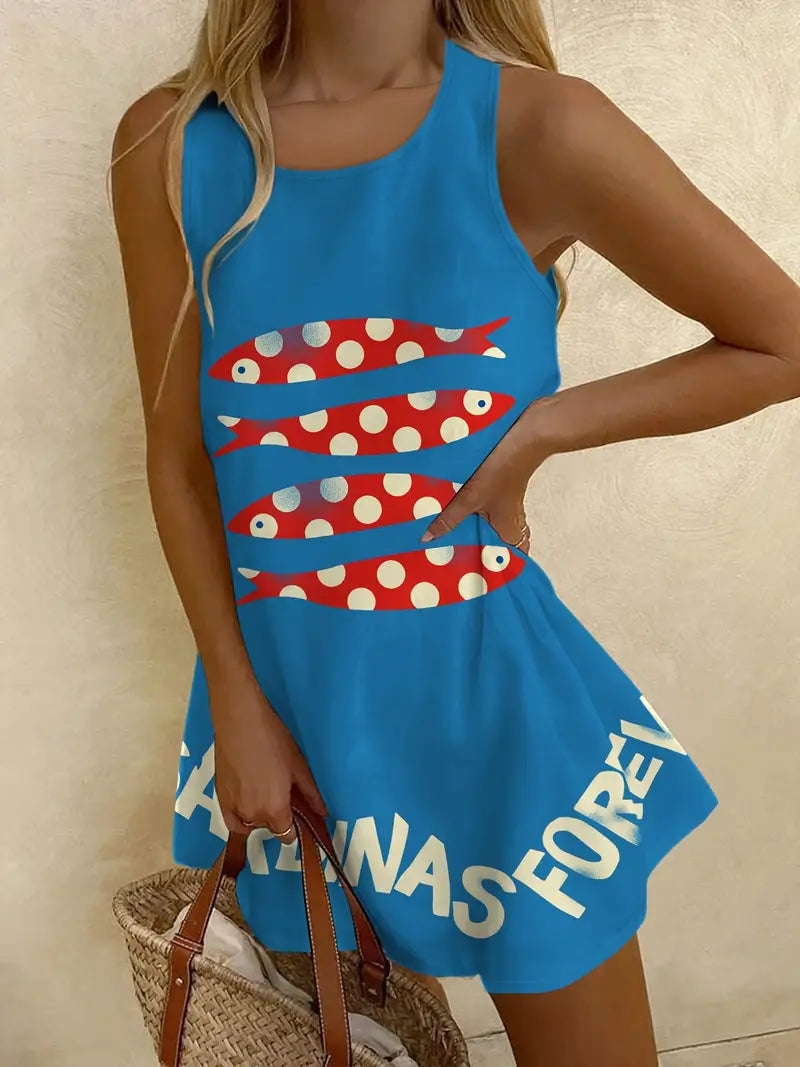 Sardine Print Sleeveless Dress