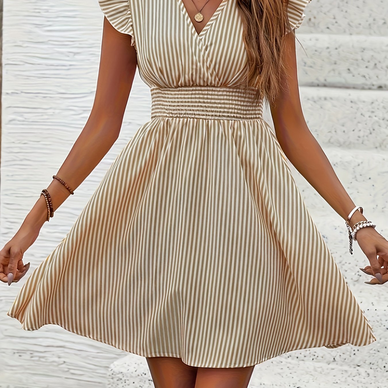 BreezeCharm Striped Ruffle Dress