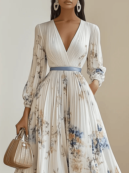 Spring New White Pleated Chiffon Maxi Dress