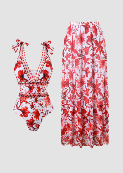 V Neck Lace Up Printed One Piece Swimsuit and Skirt